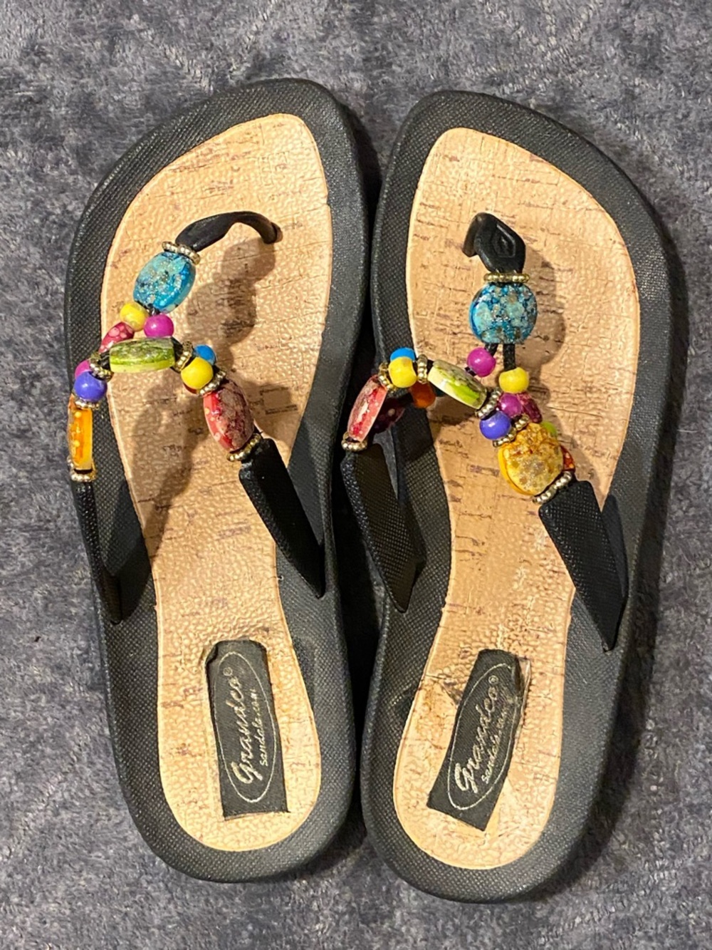Beaded Black Cork-Style Women's Sandals - Multicolor Accent